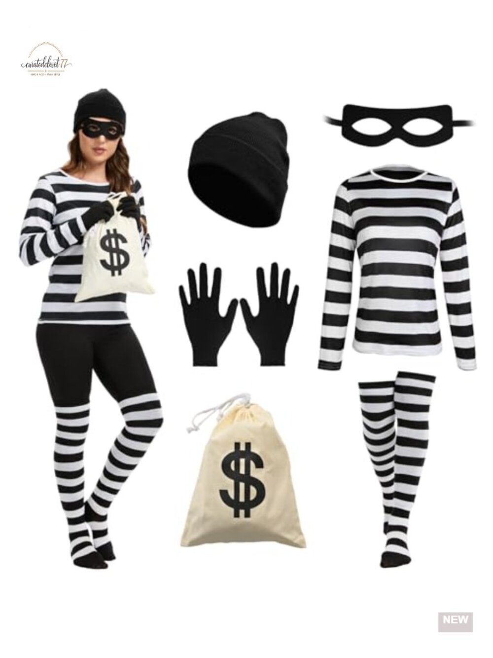 Women's Robber Costume Set Striped Long Sleeve Shirt Cosplay Halloween Party